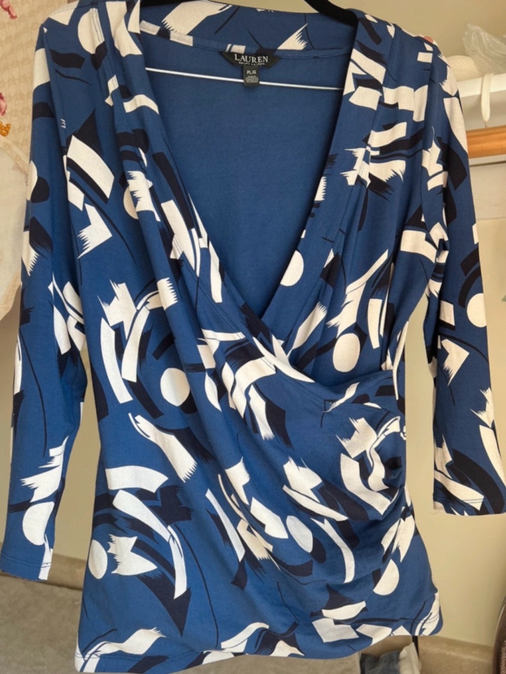 Lauren Ralph Lauren Blue & White Abstract faux Wrap Top PL